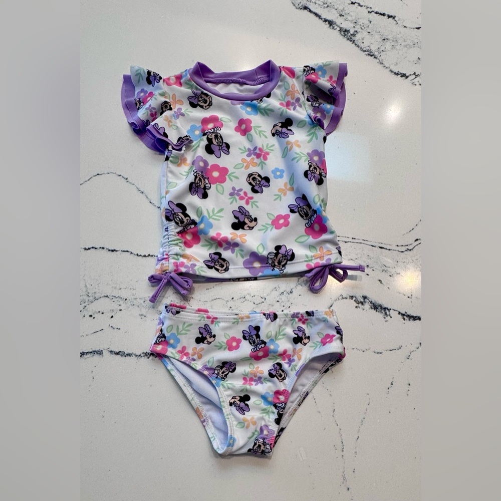 Disney Minnie Mouse Toddler Swimsuit 2T Two Piece Floral Rashguard Bikini Set